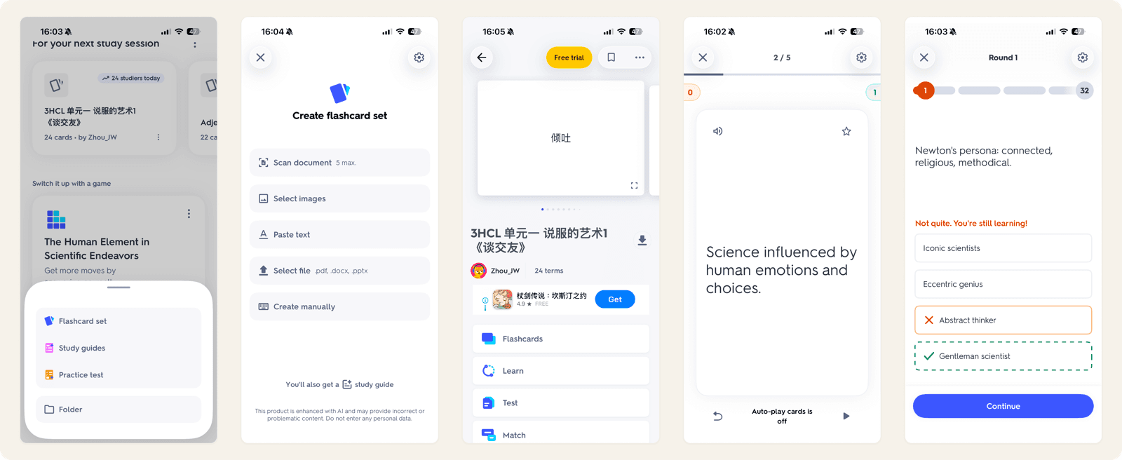 Quizlet flashcard study interface showing home screen, card creation, flashcard view, spaced review, and quiz modes
